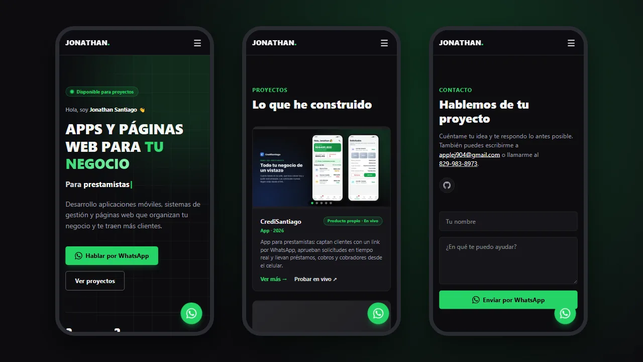 El portafolio en el celular: inicio, proyectos y contacto